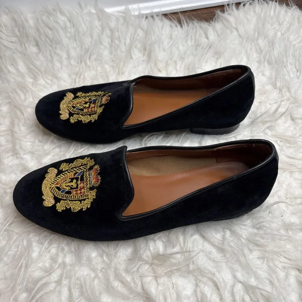 Jon Josef Black Velvet Gatsby Shield Emblem Leather Loafers Flats Shoes Size 7.5 - Picture 2 of 16
